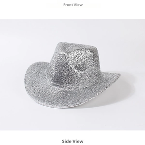 Detailed front and side views of a sparkling silver glitter cowboy hat for parties