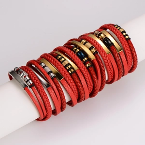 Multi-layer red braided leather bracelet for men with stainless steel magnetic clasps