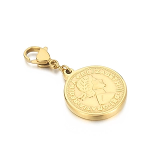 Vintage gold stainless steel coin pendant with Queen portrait and lobster clasp closure