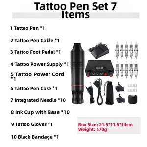 Complete rotary tattoo pen kit including digital power supply, needles, and accessories