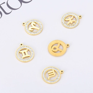 Gold stainless steel zodiac pendants with crystal inlay and hollow constellation symbols