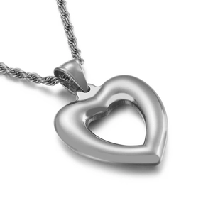 Titanium steel necklace with hollow heart pendant and twisted chain on white background