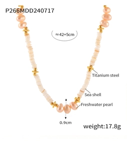Detail of freshwater pearl and seashell necklace with 18k gold plated titanium steel beads