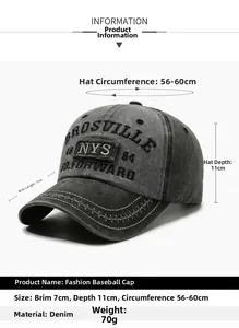 Detailed size chart for washed denim baseball cap with measurements and embroidery
