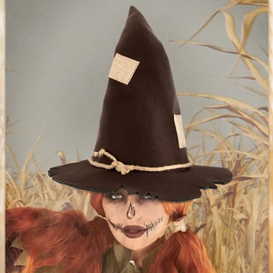 Brown scarecrow witch hat with yellow patches and hemp rope for Halloween cosplay