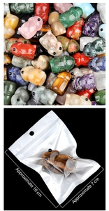 Detail showing various carved stone frog figurines and individual 10x7cm bag packaging