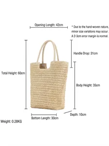 Handwoven straw tote bag with dimensions: 42x35x10cm in natural beige paper rope material