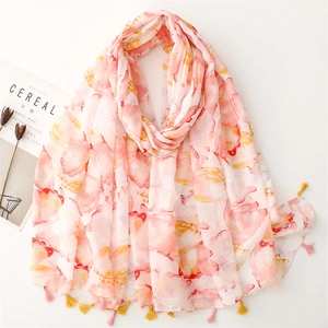 Long Shawl Scarf Voile Polyester Ink Butterfly Print Tassels Sun Protection Summer Travel Vintage Elegant Women