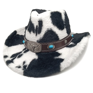 Cow Print Western Cowboy Hat Faux Fur Plush Winter Warm Wide Brim Bull Head Buckle Leather Band Vintage