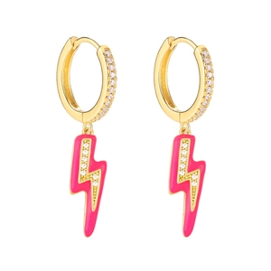 Macro detail of lightning bolt drop earrings with pink enamel and sparkling crystals