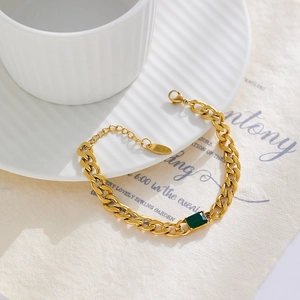 Retro Cuban link gold bracelet with emerald cut green zircon stone for women