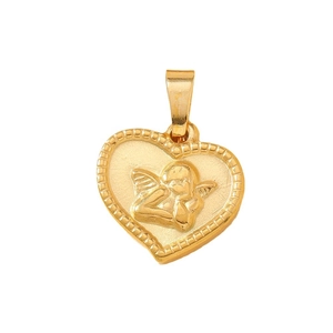 Gold heart-shaped stainless steel pendant featuring an embossed angel on white background