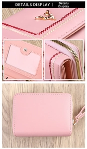 Detail view of pink PU leather wallet with golden deer head and woven V-pattern