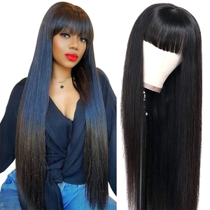 Detail view of long straight black synthetic wig with neat air bangs and smooth texture