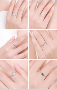 Detailed close-up showing six elegant S925 silver rings with zircon inlays on fingers