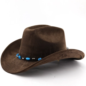 Classic dark brown suede western cowboy hat with bohemian blue bead band for men and women