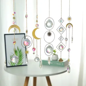 Set of six celestial AB crystal suncatchers with moon and star metal motifs for garden decor