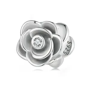3D Rose Flower Bead Charm 925 Sterling Silver White Zircon DIY Jewelry Accessory For Bracelet Necklace Elegant Floral