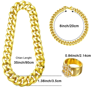 Detailed dimensions of gold hip hop Cuban chain, bracelet, and ring set with measurements