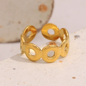 Bague Ouverte Ajustable À Maillons Circulaires Géométriques Creux Minimaliste En Acier Inoxydable Plaqué Or 18K Pour Femmes