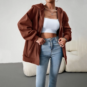 Women's casual brown fleece zip-up oversized hooded jacket with a relaxed loose fit
