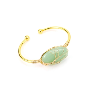 Handmade wire wrapped life tree open bangle with green stone and gold plated finish