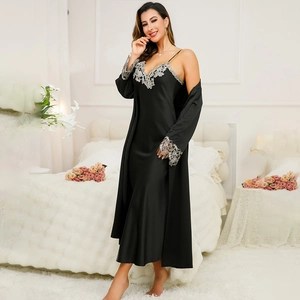 Elegant black satin nightgown set with silver lace trim and matching robe for women