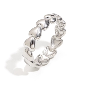 Polished silver heart-shaped continuous band open ring shown from a 45-degree angle
