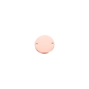 Close-up of a polished rose gold round metal connector tag with double holes for DIY jewelry