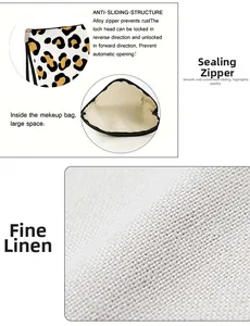 Detail of leopard print cosmetic bag showing zip closure and linen fabric texture