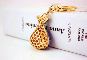 Close-up of golden hollow money bag keychain with blue crystals on a white book