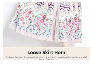 Detail showing the floral pattern and ethnic printed hem of the A-line maxi dress