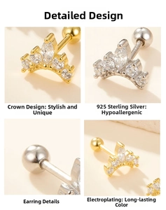 Detailed view of S925 sterling silver crown earrings with cubic zirconia and screw backs