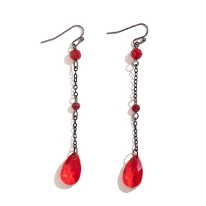 Gothic long drop earrings with red faceted crystals and vintage black metal tassel