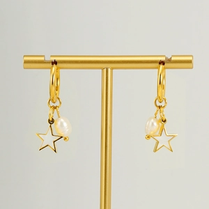Gold stainless steel hoop earrings with white pearl and enamel star pendants