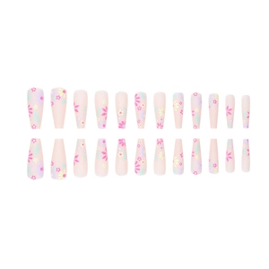 Faux ongles ballerine longs avec fleurs pastel sur base rose poudré mat, lot de 24 pièces