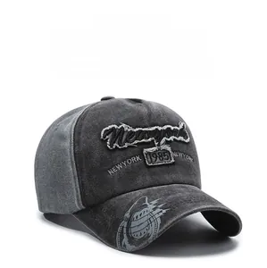 Detailed texture of washed charcoal baseball cap with Newyork 1985 embroidery