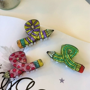 Pencil Shaped Hair Claw Clip Acrylic Acetate Candy Color Striped Polka Dot Cartoon Novelty Hair Accessories For Women Girls