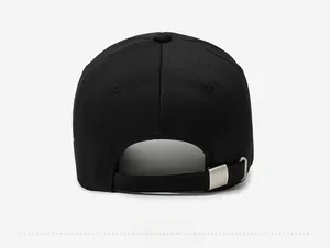Detail of adjustable black baseball cap back with NY engraved metal buckle