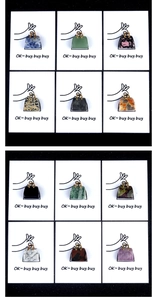 Macro view of 12 natural crystal stone mini bag charms with golden metal handles