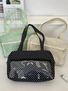 Minimalist Japanese canvas tote bag with polka dots and transparent PVC window display