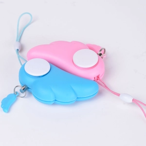 Pink and blue angel wing personal security alarms with lanyards on white background