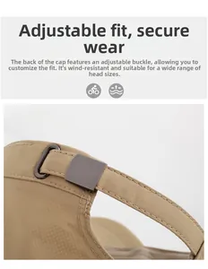 Detail of adjustable metal buckle and khaki fabric strap for custom fit on the cap