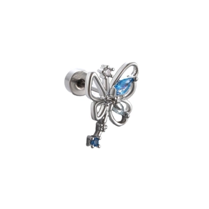 Silver butterfly key earring with blue zircon inlays, titanium steel screw design