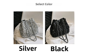 Detail showing glitter bucket bags in silver and black with elegant chain straps