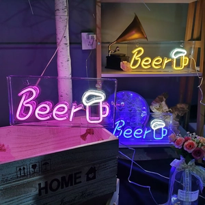 Neon Beer sign with mug design in pink, yellow, and blue for bar or home wall decor