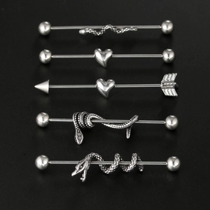 Industrial barbell set with snake, heart and arrow motifs in polished stainless steel
