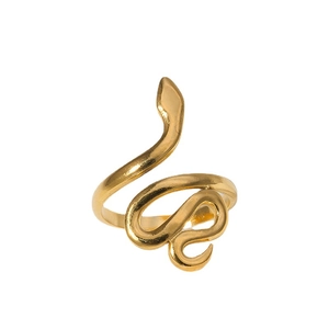 Minimalist snake-shaped open ring in polished gold finish for women, front view