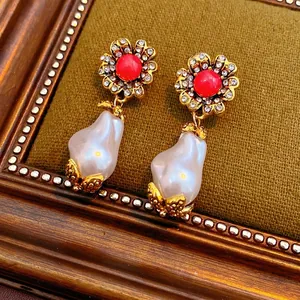 Vintage French floral earrings with red beads, crystals and baroque pearls on gold base