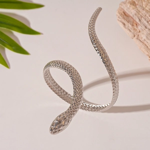 Detailed view of silver snake coil bracelet featuring intricate scale texture and carving